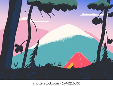 Beautiful summer landscape with a tent  on the background of and mountains. Flat design. Vector illustration.