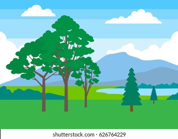 beautiful summer landscape with  trees mountain and lake