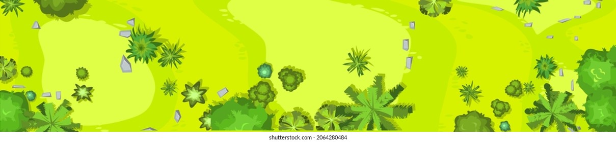 Beautiful Summer Landscape With Trees. Tropic Meadow. View From Above. Illustration In A Flat Style. Scenarios From Above. Cartoon Design. Vector.