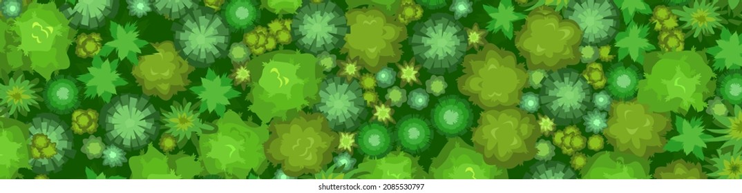 Beautiful summer landscape with trees. View from above. Horizontal Illustration in a flat style. Scenarios from above. Mixed forest. Cartoon design. Vector.