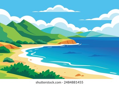 Beautiful summer landscape of a valley with a dirt road through amazing green meadows with trees, fields and hills against a backdrop of stunning mountains and blue skies vector illustration