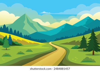 Hermoso paisaje de verano de un valle con un camino de tierra a través de increíbles prados verdes con árboles, campos y colinas en un telón de fondo de impresionantes montañas y cielos azules Ilustración vectorial