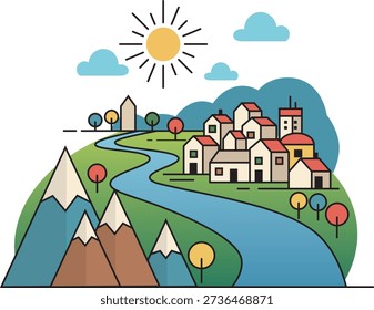 Beautiful summer landscape vector background with mountains, river and city buildings.