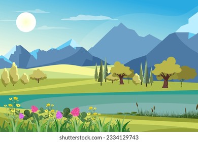 Schöne Sommerlandschaft, Vektorgrafik. Blumen, die in der Nähe von Fluss oder See wachsen, grüne Wälder und Berge im Hintergrund. Sommer, Natur, Tierwelt, beruhigendes Raumkonzept