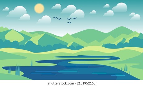 Hermoso paisaje de verano. Un río sinuoso entre los campos en el fondo de colinas, bosques, montañas, cielo con el sol, nubes, siluetas de aves voladoras. Diseño plano. Vector.