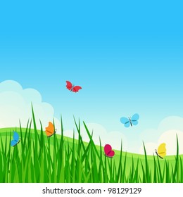 Beautiful summer meadow with colorful butterflies. Vector illustration.