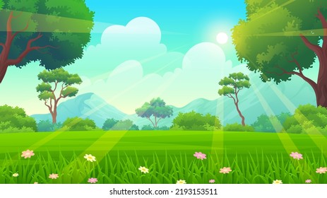 Beautiful summer meadow with flowers, trees and mountains at daytime under blue sky