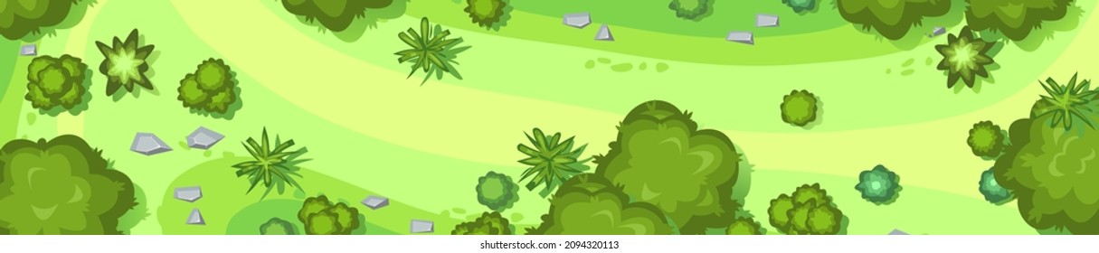 Beautiful Summer Meadow Landscape With Trees. View From Above. Illustration In A Flat Style. Scenarios From Above. Cartoon Design. Vector.
