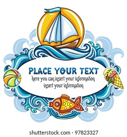 Beautiful summer mood frame featuring sea world, curly blue waves, bright sun, sail boat, goldfish, colorful ball and ice-cream