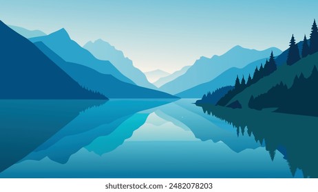 Schöner Sommermorgen am Hintersee. Bunte Outdoor-Szene in den österreichischen Alpen, Salzburg-Umgebung, Österreich, Europa, flache Vektorillustration.