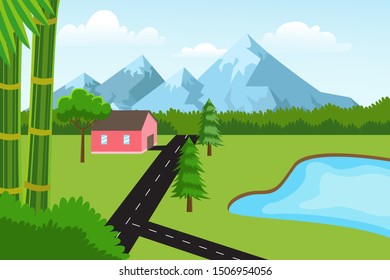 beautiful summer mountain landscape with house, road and lake design vector in flat cartoon style banner for any use. Trendy vector illustration