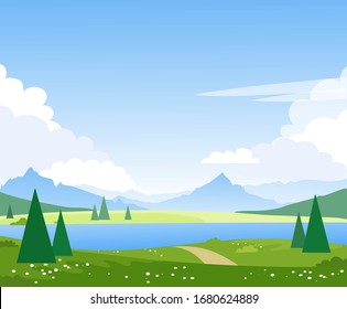 Beautiful summer mountain landscape with a lake. Spring fields and meadows with a river. Illustration for the design of tourism, travel, adventure. Vector