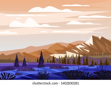 Beautiful summer mountain landscape valley rural countryside, green hills, bright color blue sky, down, meadows with mountains panorama horizon in trendy cartoon flat style and bright colors