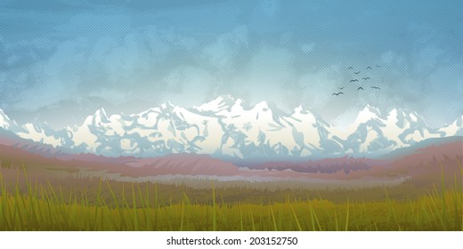 Hermoso paisaje montañoso de verano con nubes y césped 