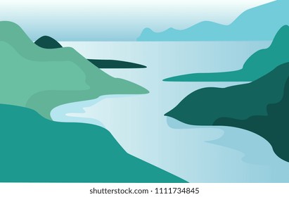 Beautiful summer natural landscape, scene of nature with mountains and river vector Illustration