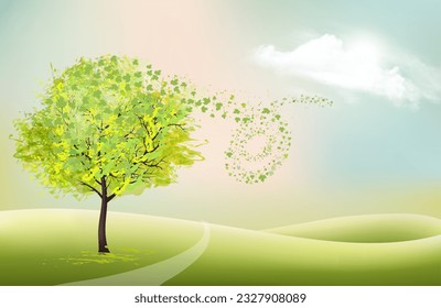 Beautiful summer nature background with a green tree and landscape. Vector.