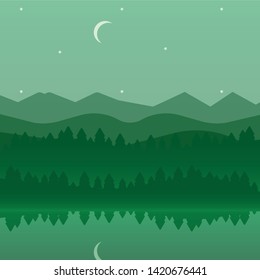 Beautiful summer night lake coast icon. Cartoon crescent and lake shore on starry summer night. Lake side icon.