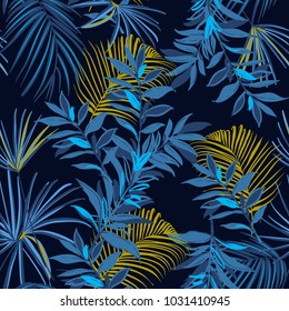 Beautiful Summer night Seamless monotone blue and yellow tropical pattern. Leaves palm tree illustration. Modern graphics. Exotic forest on navy blue  and trendy  background