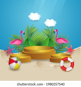 beautiful summer on tropical beach with podium, flamingo, palm leaves and clouds. background summer design.