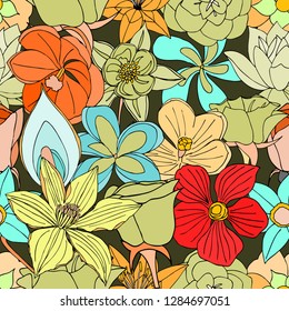 Beautiful summer ornate from many flowers, seamless pattern. Vector illustration, drawn doodle