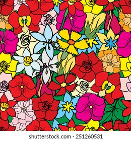 Beautiful summer ornate from many flowers, seamless pattern. Vector illustration, drawn doodle