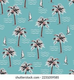 Beautiful Summer Palm tree , Beach Vibes Retro Seamless pattern Vector Illustration ,Design for fashion , fabric, textile, wallpaper, wrapping and all prints 