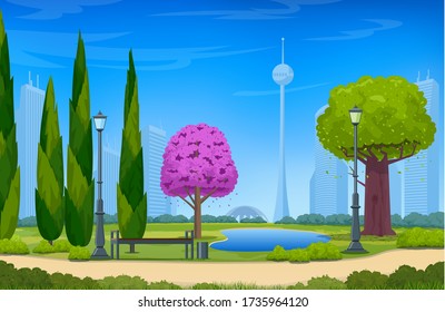 Beautiful summer park. Urban public space with lake and trees for walking and relaxing. Modern city buildings in the background. Realistic vector illustration