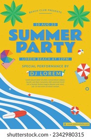 a beautiful summer party flyer on top view sunny day at beach with sand and sea wave background also with combination object like palm tree surfboard umbrella