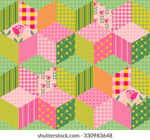 Beautiful summer patchwork pattern. Seamless background in pink and green tones. Vector illustration of quilt.  Can be used for wallpapers, textiles, fabrics, textures, wrapping paper. 