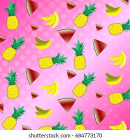 Beautiful Summer Pattern with Bananas and Pineapples and Watermelon Slices Repeated. Vector Illustration