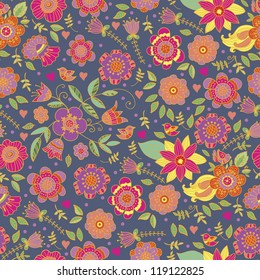 beautiful summer pattern with birds and flowers background, seampless