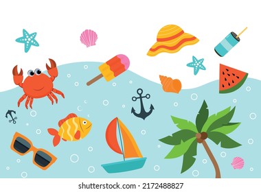 Beautiful summer pattern. Colorful template with marine life, tropical plants, beach holiday accessories and exotic fruits. Design element for postcard or cover. Cartoon flat vector illustration