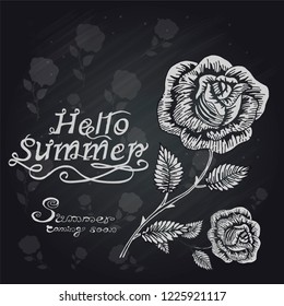 Beautiful summer pattern of flowers. Decoration from roses on a chalkboard. Сhalk. Fashion in a vector illustration