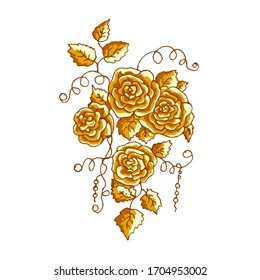 Beautiful summer pattern of flowers. Decoration from roses on a white background. Gold. Fashion in a vector illustration
