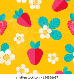 Beautiful summer pattern with Strawberries and Flowers. Abstract botanical texture. Strawberry background