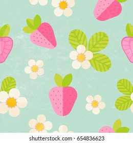 Beautiful summer pattern with Strawberries and Flowers. Abstract botanical texture. Strawberry background