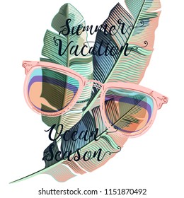 Beautiful summer poster with banana palm leafs and sun glasses, vacations