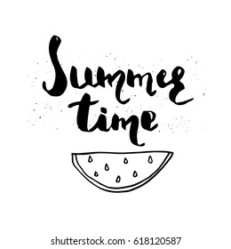 Beautiful summer poster with hand drawn lettering and watermelon. Template for sail, tropical vacation, banner, invitation, envelope, background, journal cards. 