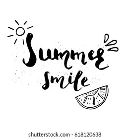 Beautiful summer poster with hand drawn lettering and fruit. Template for sail, tropical vacation, banner, invitation, envelope, background, journal cards. 