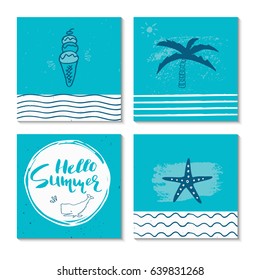 Beautiful summer poster with hand drawn lettering.  Template for sail, tropical vacation, banner, invitation, envelope, background, journal cards. Indian blue collection