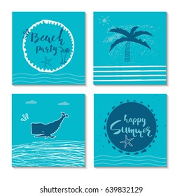Beautiful summer poster with hand drawn lettering.  Template for sail, tropical vacation, banner, invitation, envelope, background, journal cards. Indian blue collection