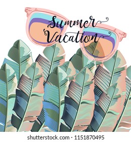 Beautiful summer poster with palm leafs and sun glasses, vacations