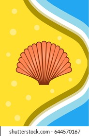 Beautiful summer poster of a shell on yellow sand on the beach. Journal card.