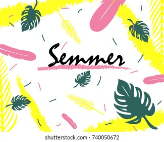 Beautiful summer posters. Palm tree leaves background template. Tropical greeting card.
