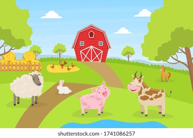 Beautiful Summer Rural Landscape with Green Field, Red Barn, Farm Animals, Cow, Pig, Sheep, Rabbit Cartoon Vector Illustration