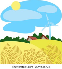 Beautiful summer rural landscape, wheat field and village farm with windmill, countryside, outside, sunny day with clouds and blue sky, nature background. Vector illustration