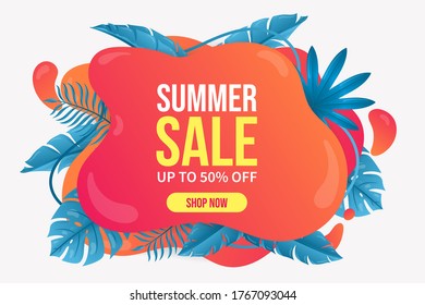Beautiful Summer sale background. Summer banner template summer abstract geometric background with tropical leaves.