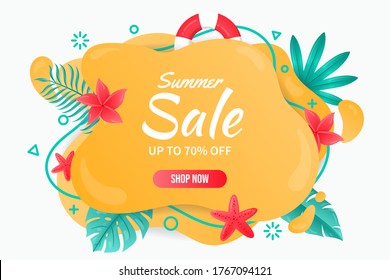 Beautiful Summer sale background. Summer banner template summer abstract geometric background with tropical leaves and flowers.