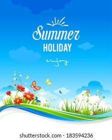 Beautiful summer scenery with flowers and butterflies. With place for text.