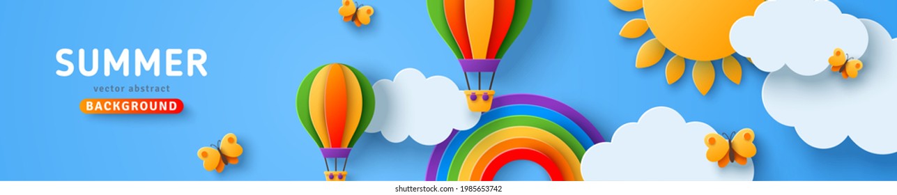 Beautiful summer scenery, fluffy clouds on blue sky background with sun, butterfly, hot air balloons and rainbow. Vector illustration. Paper cut style banner, poster or header. Place for text